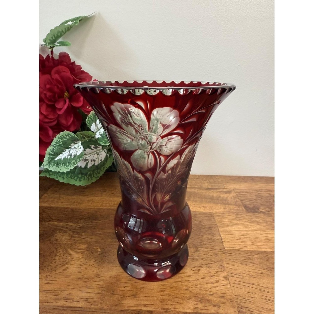 Vintage Bohemian Czech Ruby Red Cut to Clear Crystal Vase Etched Floral Design